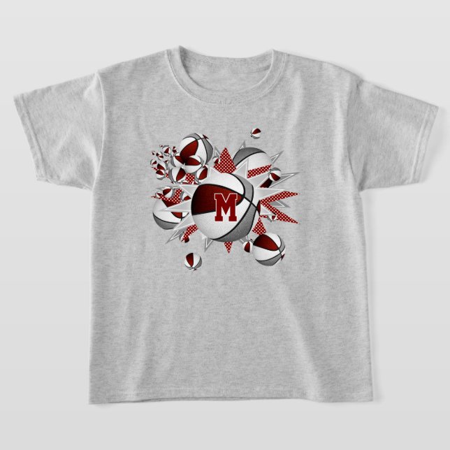 Girl's Maroon graue Basketball und Sterne T-Shirt (Ablage )
