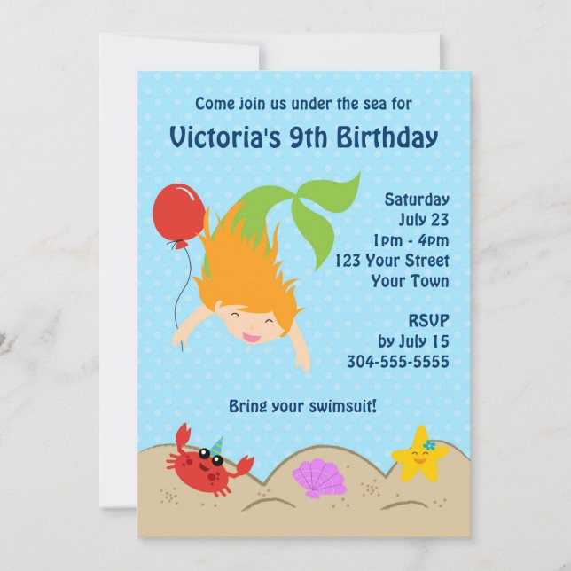 Girls Mermaid Pool Geburtstagspartei Einladung (Vorderseite)