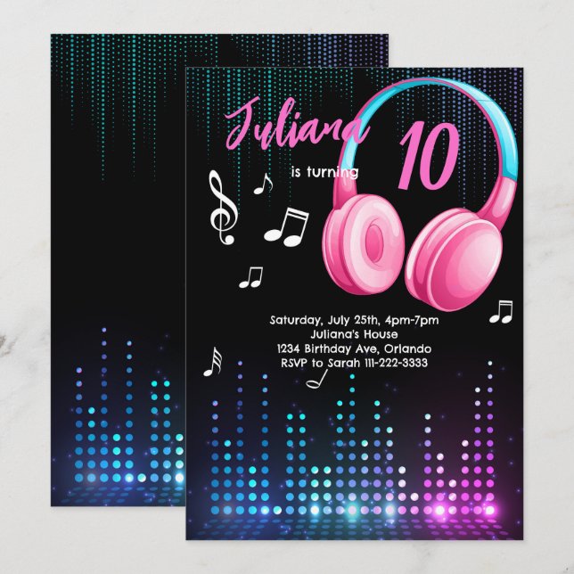 Girls Musical Glow Geburtstag Einladung (Vorne/Hinten)