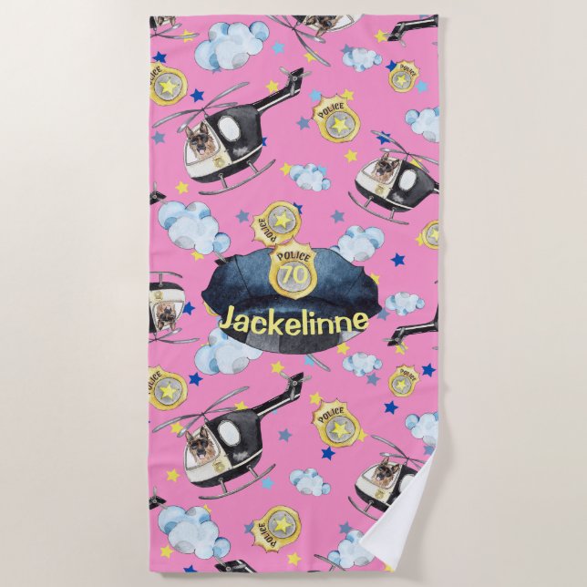Girl's Name Cute Blue Police Hat Beach Towel Strandtuch (Vorderseite)