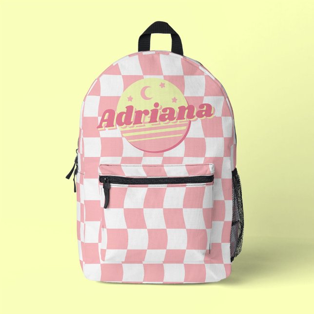 Girls Name Groovy Pink White Wavy Checkerboard Bedruckter Rucksack (Von Creator hochgeladen)