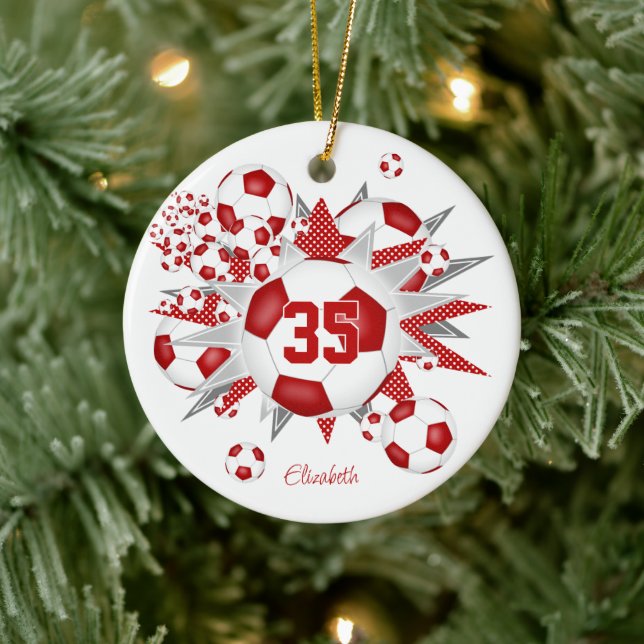 girls name soccer balls stars red keramik ornament (Baum)