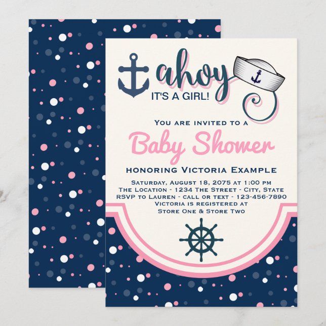 Girls Nautical Baby Dusche Einladung (Vorne/Hinten)