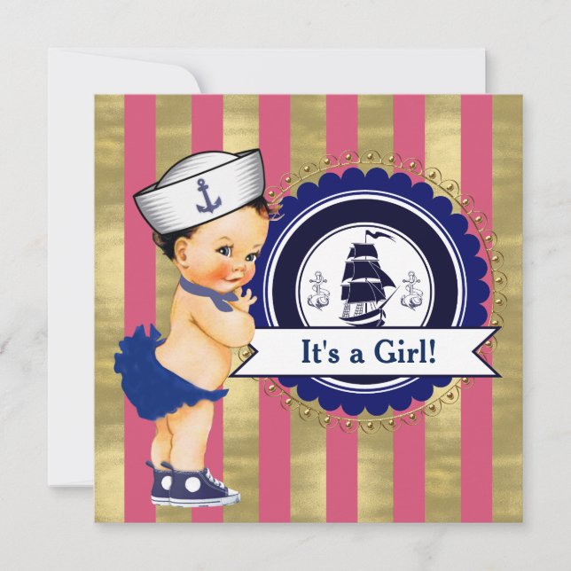 Girls Nautical Baby Dusche Einladung (Vorderseite)