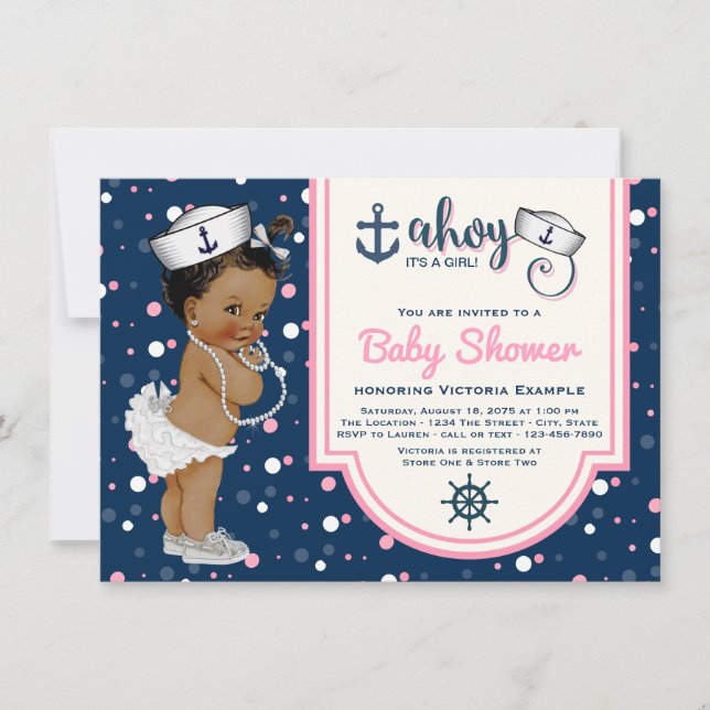 Girls Nautical Baby Showafrikanischer Amerikaner Einladung (Vorderseite)