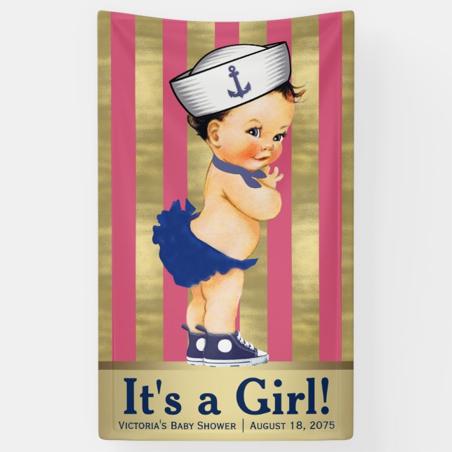 Girls Nautical Pink Blue Gold Baby Dusche Banner (Vertikal)