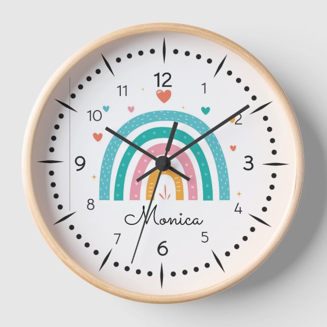 Girls Niedlich Boho Wasserfarben Regenbogen und Na Uhr (Vorderseite)