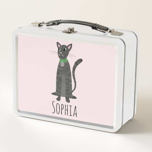 Girls Niedlich Gray Tabby Kitty Cat Cartoon Kinder Metall Brotdose (Vorderseite)