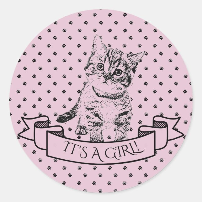 Girls Niedlich Kitten Cat Lila Babydusche Runder Aufkleber (Vorderseite)