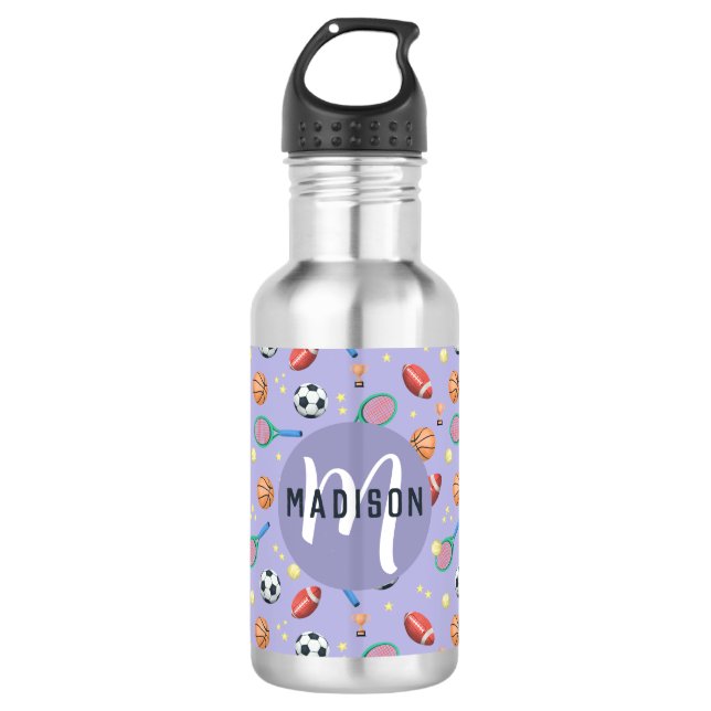 Girls Niedlich Lila Sports Monogram Kids School Edelstahlflasche (Vorderseite)