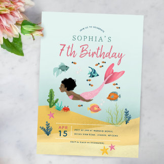 Girls Niedlich Magical Afro Mermaid 7. Geburtstag Einladung