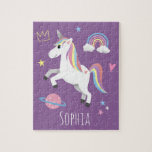 Girls Niedlich Magical Lila Unicorn & Name Kinder<br><div class="desc">Dieses niedliche und moderne Puzzle-Design verfügt über einen lila Einhorn-Cartoon mit Regenbogen,  Prinzessin-Krone,  Herz,  Sterne und Planet und kann mit Ihrem Mädchennamen personalisiert werden. Das perfekte magische und gürtliche Geschenk für jeden Einhornliebhaber!</div>