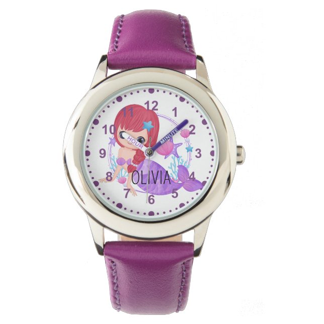 Girls Niedlich Mermaid Lila Individuelle Name Armbanduhr (Vorderseite)