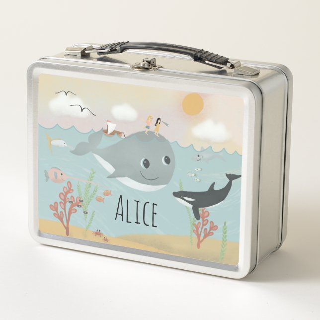 Girls Niedlich Ocean Sea Whale Kinderschule Metall Brotdose (Vorderseite)
