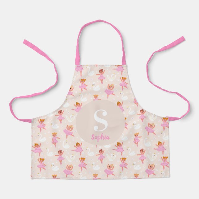 Girls Niedlich Pink Ballerina Muster Personalisier Schürze (Vorderseite)