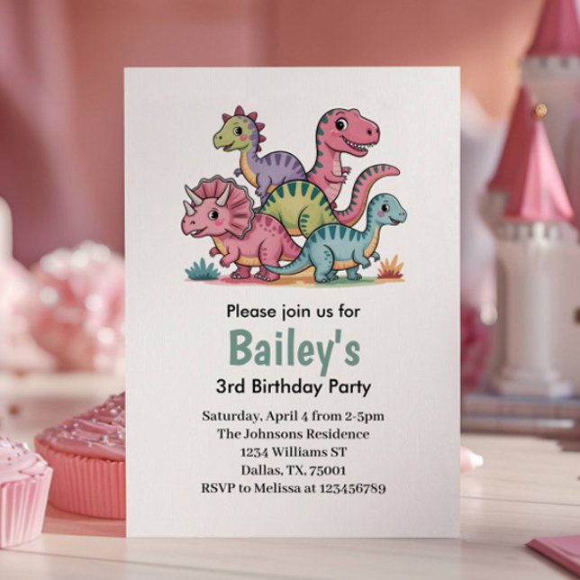 Girls Niedlich Pink Dinosaur Geburtstagsparty Einladung (Von Creator hochgeladen)