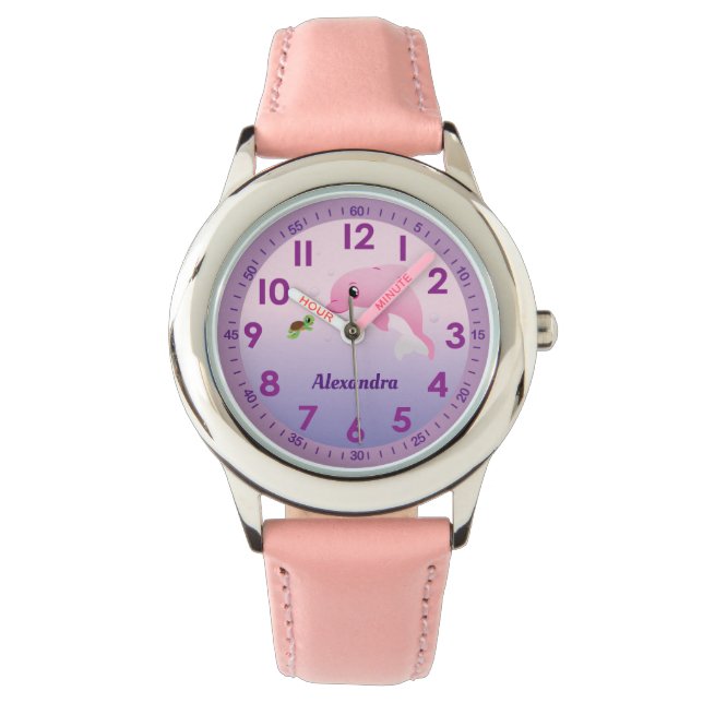 Girls Niedlich Pink Dolphin Cartoon Individuelle N Armbanduhr (Vorderseite)