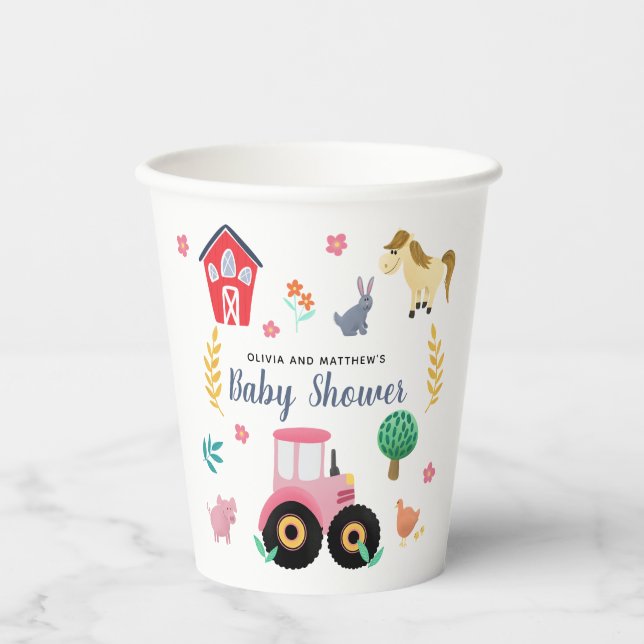 Girls Niedlich Pink Farm Traktor Babydusche Pappbecher (Vorderseite)