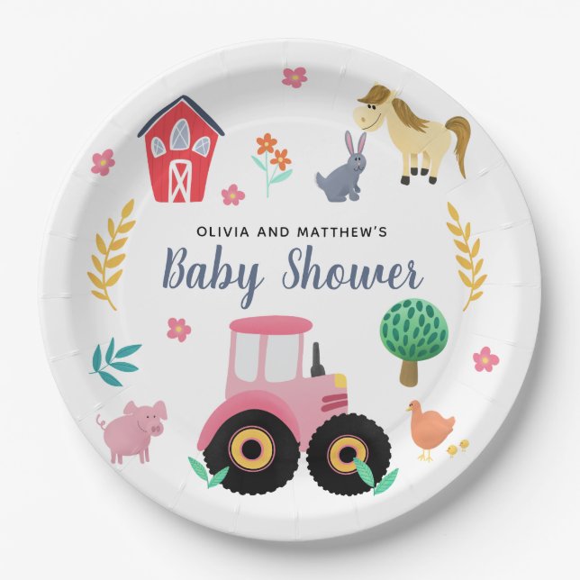 Girls Niedlich Pink Farm Traktor Babydusche Pappteller (Vorderseite)