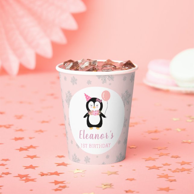 Girls Niedlich Pink Pinguin Winter Kindergeburtsta Pappbecher (Insitu)