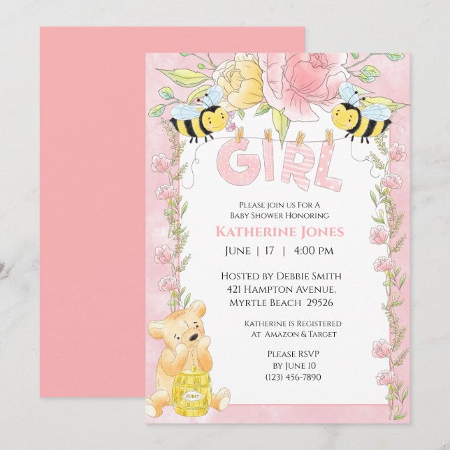 Girls Niedliche Bienen und Honey Bear Baby Shower Einladung (Vorne/Hinten)