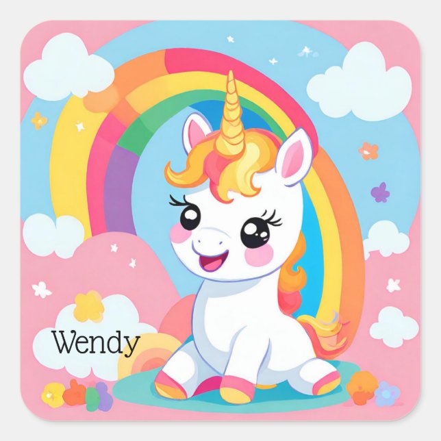 Girls Niedlicher Einhorn-Regenbogen-Individuelle N Quadratischer Aufkleber (Vorderseite)