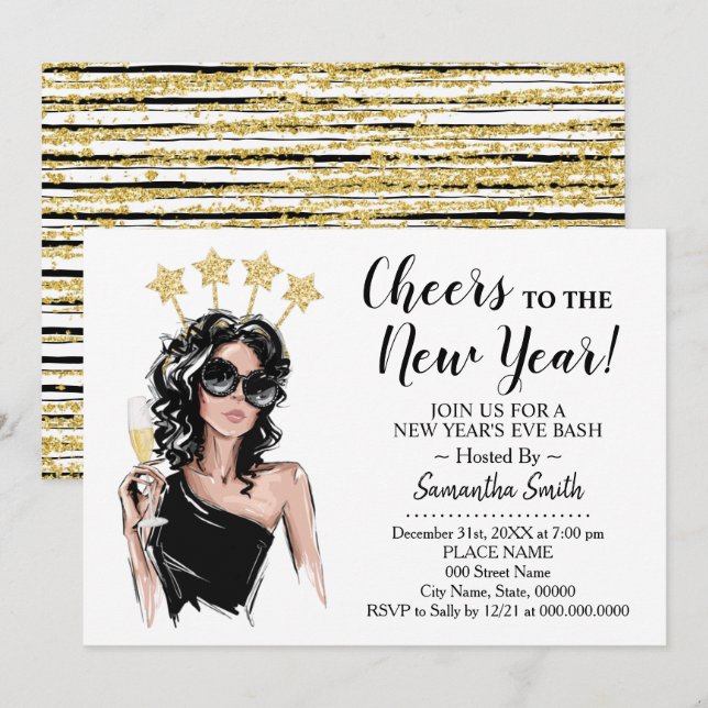 Girls Night Out Cheers zum Neujahrsfest Glitzer Einladung (Vorne/Hinten)