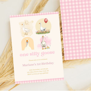 Girls One Albern Goose Pink First Birthday Gingham Einladung