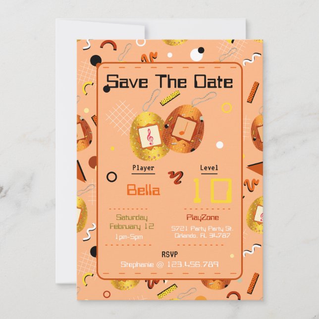 Girls Orange Gaming Tamagotchi Einladung zum Gebur (Vorderseite)