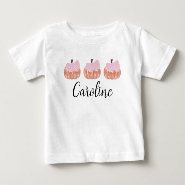 Girls Orange Gingham Pumpkin Trio mit rosa Bögen Baby T-shirt (Vorderseite)
