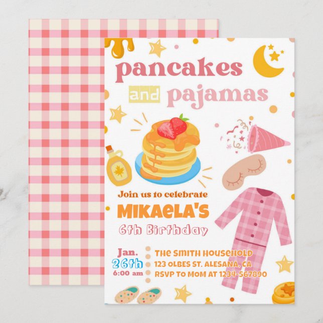 Girls Pancakes und Pajamas Einladung zum Geburtsta (Vorne/Hinten)