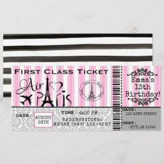 Girl's Paris France Airline Ticket Geburtstag Einladung