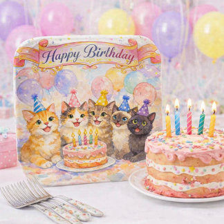 Girls Party Happy Birthday Cute Cats Paper Plate Pappteller