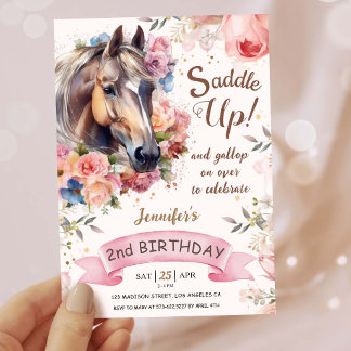 Girls Pferd 2. Geburtstag Cowgirl Saddle Up! Einladung
