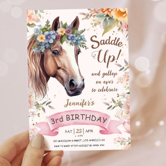 Girls Pferd 3. Geburtstag Rosa Blumensattel Einladung