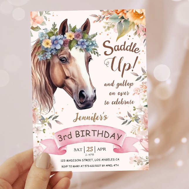 Girls Pferd 3. Geburtstag Rosa Blumensattel Einladung (Von Creator hochgeladen)