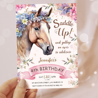 Girls Pferd 4. Geburtstag floraler Sattel Up! Einladung