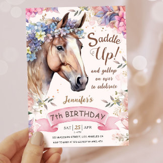 Girls Pferd 7. Geburtstag floraler Sattel Up! Einladung