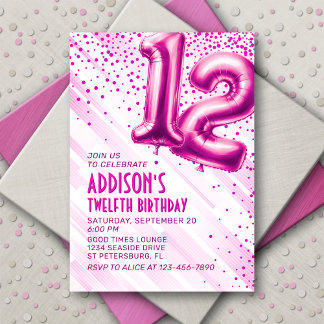 Girls Pink 12. Geburtstag Einladung