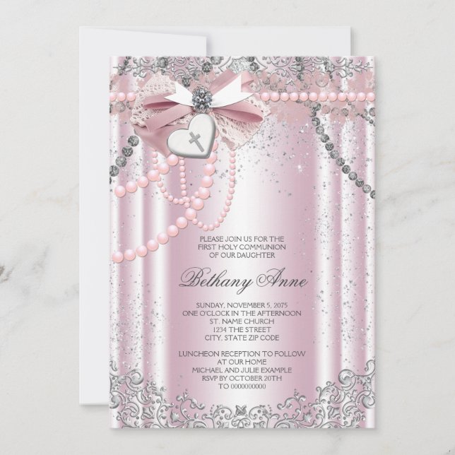 Girls Pink and Gray Pearl First Communation Einladung (Vorderseite)
