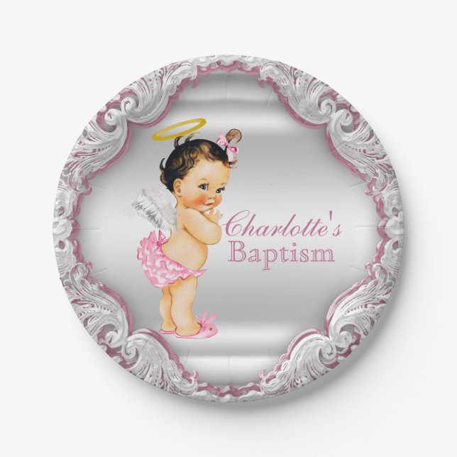 Girls Pink Angel Taufe Pappteller (Vorderseite)