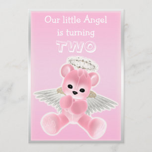 Girl's Pink Angel Teddy Bear 2. Geburtstag Party Einladung