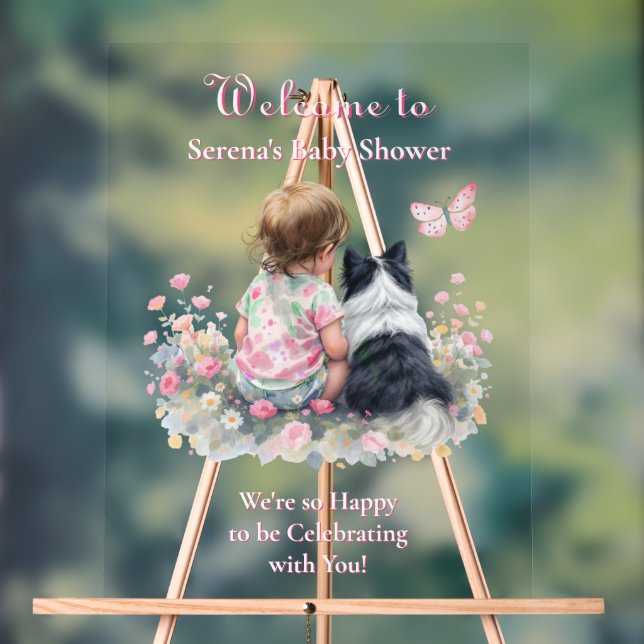 Girl's Pink Baby Shower Dog Themed Welcome Acrylschild (Neutral)