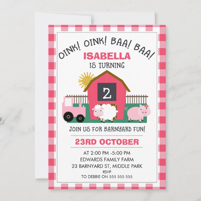 Girls Pink Barnyard Birthday Einladung (Vorderseite)