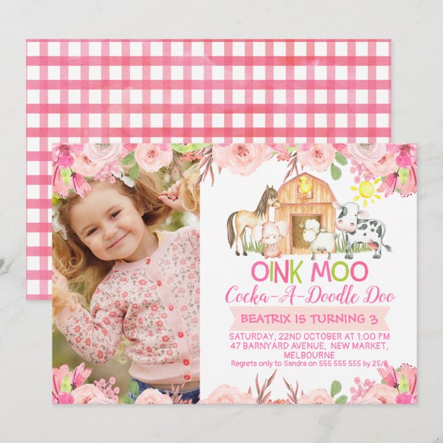 Girls Pink Barnyard Photo invitation anniversaire (Devant / Derrière)