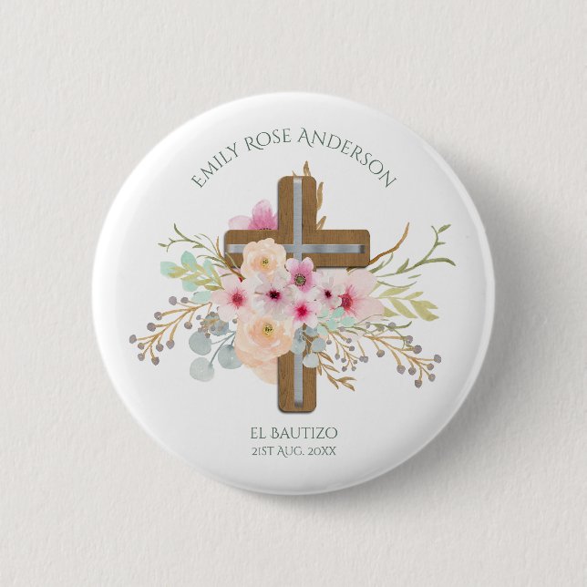 Girls Pink BlumenbAUTIZO Taufe Bautismo Name Button (Vorderseite)