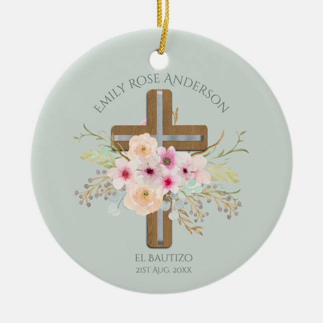 Girls Pink BlumenbAUTIZO Taufe Bautismo Name Keramik Ornament (Vorne)