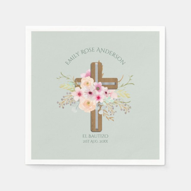 Girls Pink BlumenbAUTIZO Taufe Bautismo Name Serviette (Vorderseite)