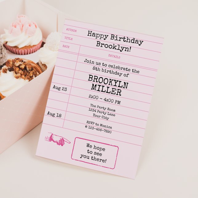 Girls Pink Bookbook Club Library Card Einladung (Library Card Girls Birthday Invitation)