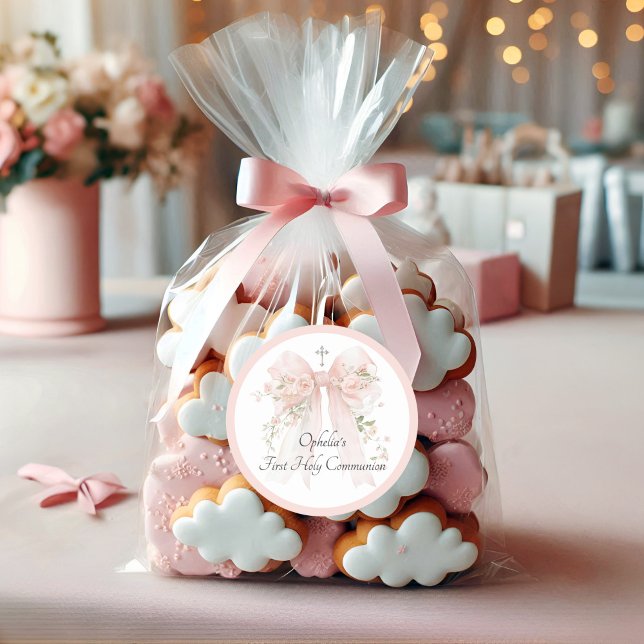 Girl's Pink Bow Floral First Communion Runder Aufkleber (Von Creator hochgeladen)